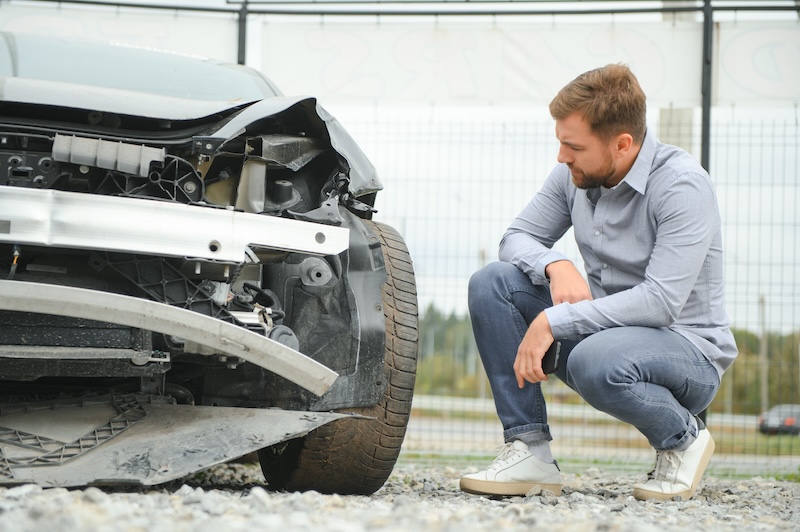 Man som tittar på sin skadade bil